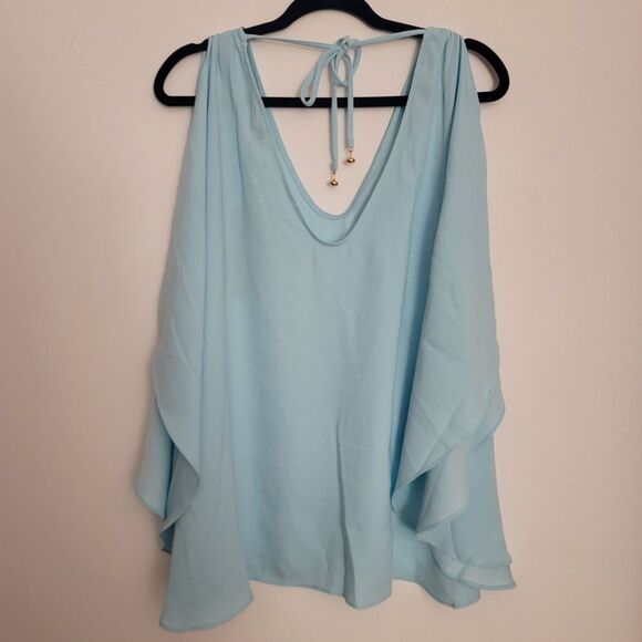 Trina Turk | Haipo Cold Shoulder Blouse with Ruffle Sleeves - Sky, Size XL - Picture 6 of 14